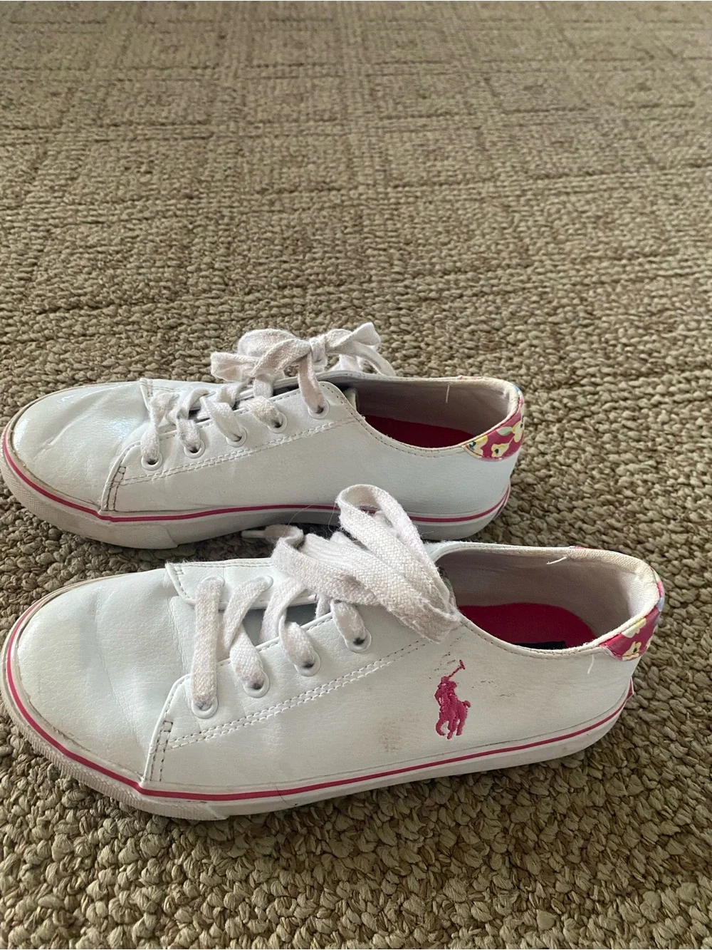 Ralph Lauren White Sneakers with Pink Polo Logo and Pink Trim